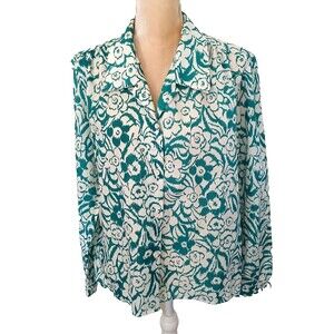 Vintage Cape Cod Match Mates floral teal blouse long sleeve sz L
